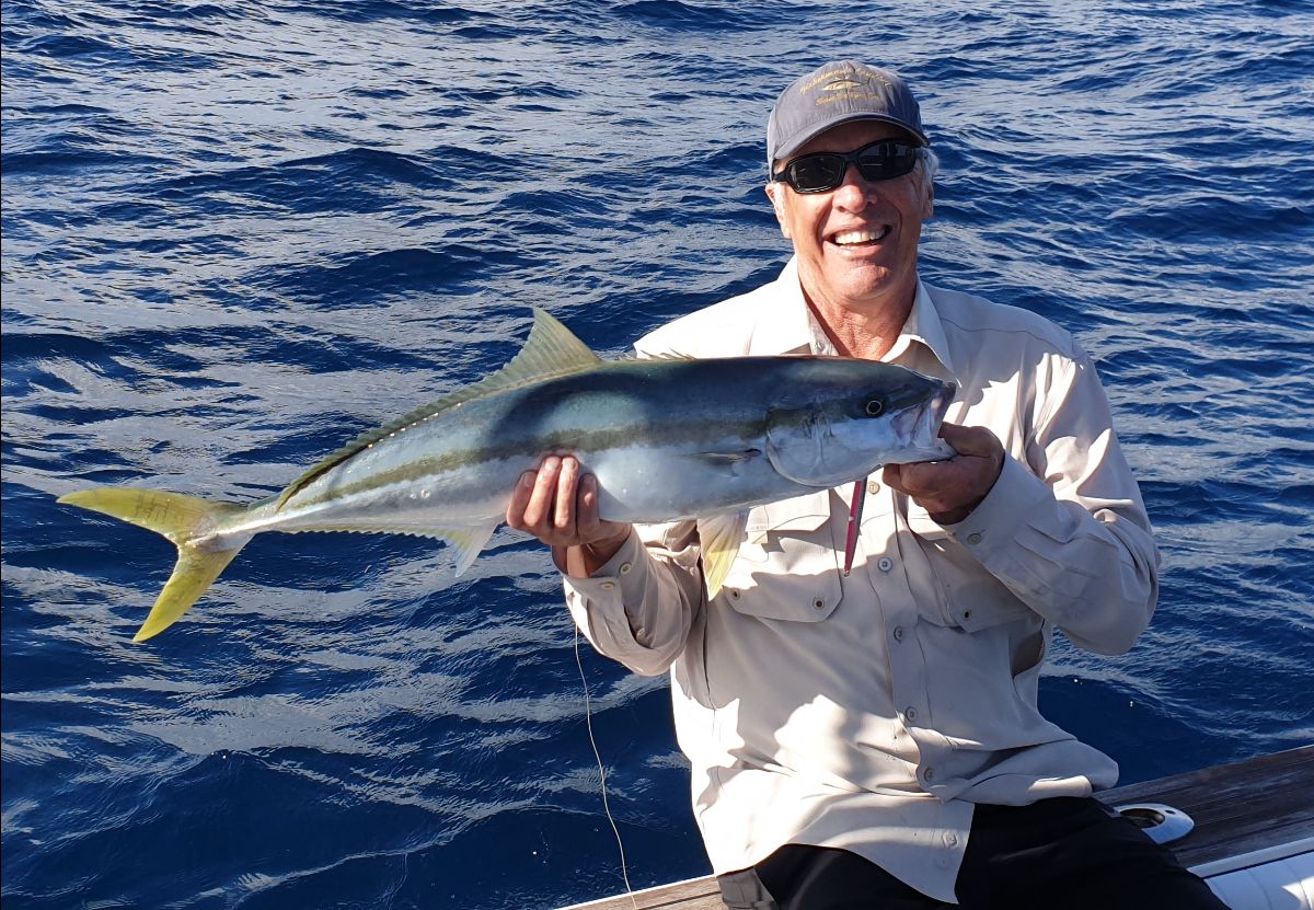 Andrew Hestelow with an 80 cm kingfish caught while jigging Texas Reef in 2020