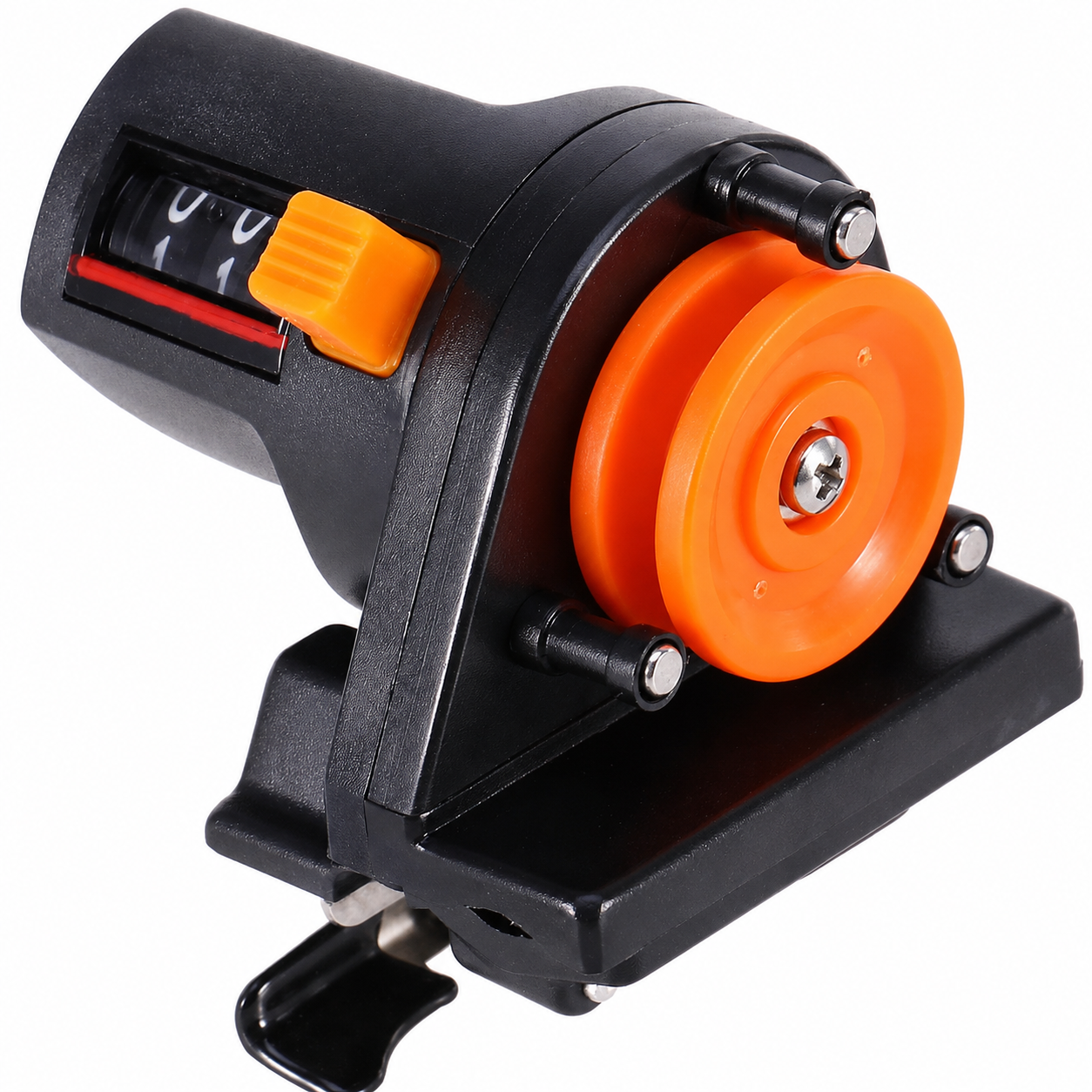 Detachable fishing line counter top view showing the 0-999 metre display and measuring wheel