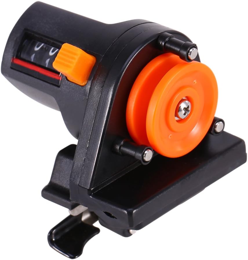 Detachable fishing line counter top view showing the 0-999 metre display and measuring wheel