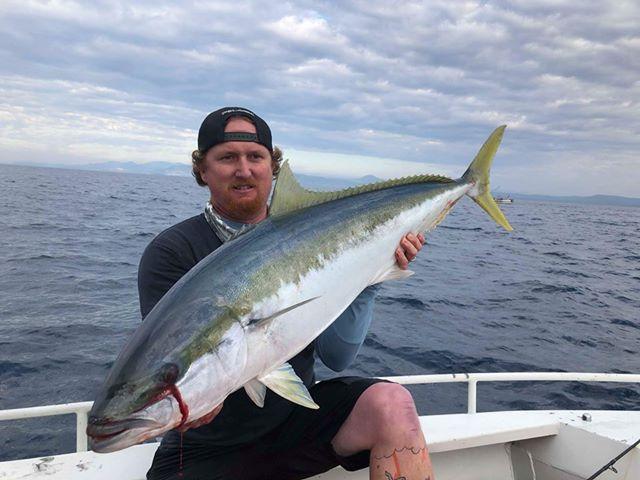 Angler holding a large kingfish caught off Coffs Harbour in 2018